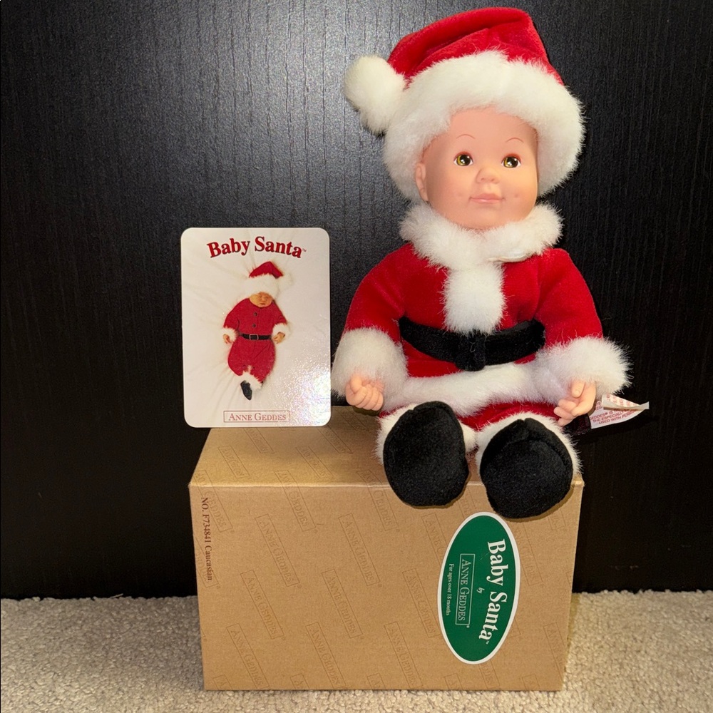 Anne Geddes Baby Santa Doll New In Box Christmas Plush w Card Vintage brown eyes